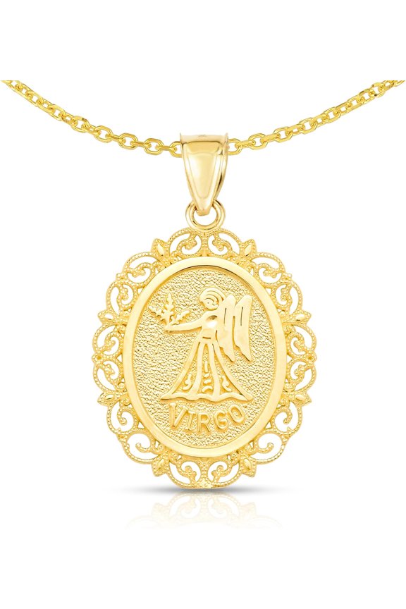 10k Yellow Gold Round Horoscope Zodiac Sign Virgo Pendant with Cable Chain Necklace