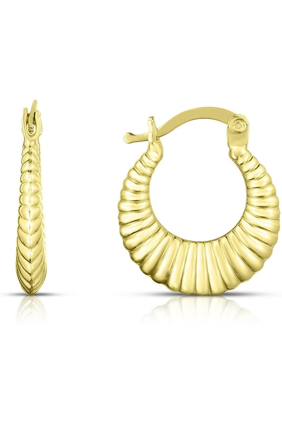 10k Yellow Gold Scalloped Ribbed Shrimp Hoop Earrings