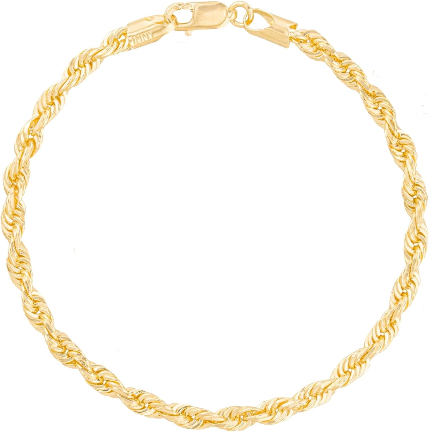 Floreo 10k Yellow Gold 4mm Solid Rope Chain Diamond Cut Bracelet or Anklet