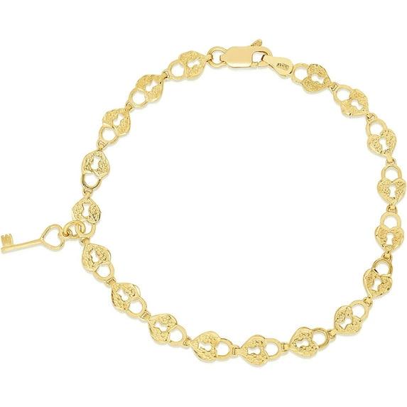 Floreo 10k Yellow Gold Textured Finish Heart Shape Lock and Key Link Charm Bracelet