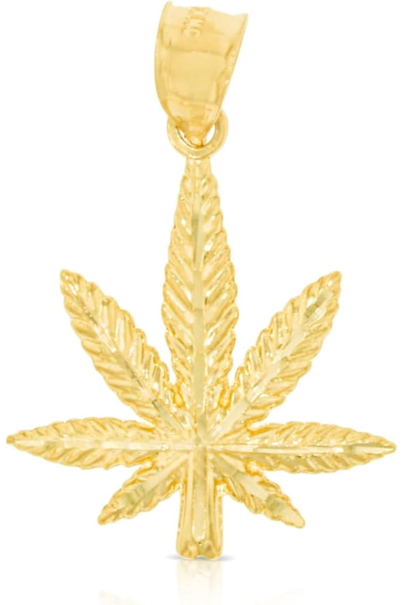 10k Yellow Gold Textured Marijuana Weed Symbol Pendant Small