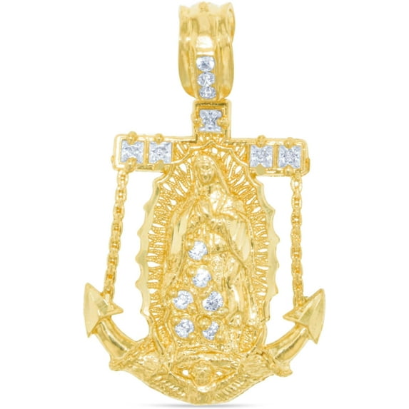 Floreo 10k Yellow Gold Virgin Mary CZ Anchor Two-Tone Religious Pendant Large