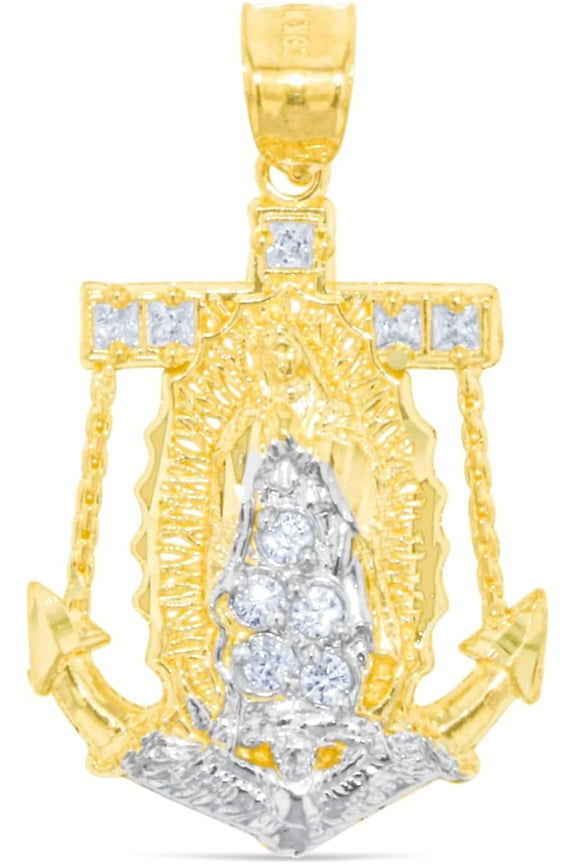 10k Yellow Gold Virgin Mary CZ Anchor Two-Tone Religious Pendant Small