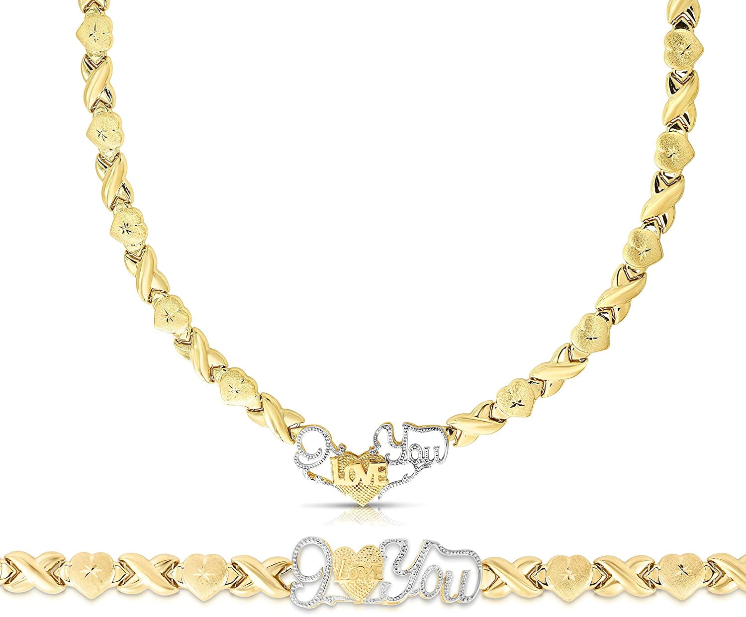 Floreo 10k Yellow Gold XOXO X O X and O and Heart Hugs and Kisses I Love You Chain Necklace or Bracelet Optional Jewelry Set