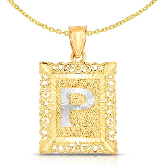 Floreo 10k Yellow Gold and White Gold 14.5mm or 18mm Personalized Alphabet Monogram A-Z Initial Square Pendant