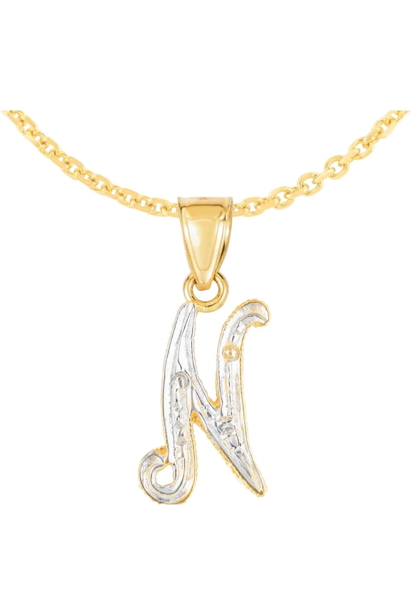 10k Yellow Gold and White Gold Two-Tone 21.5 Cursive Personalized Alphabet A-Z Initial Pendant with Optional 1.1mm Solid Cable Chain, 18" Inch