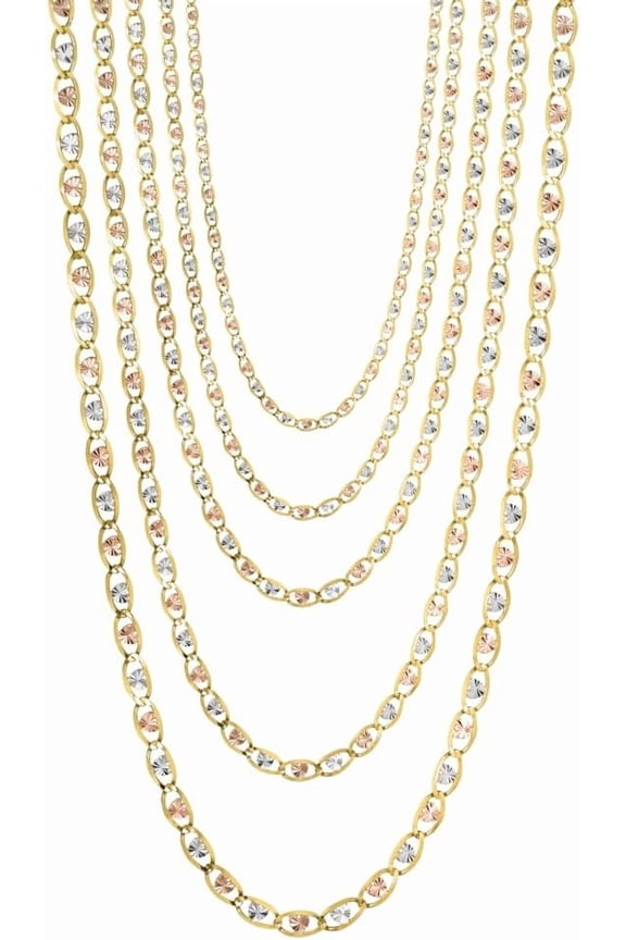 10k Yellow Gold and White Gold and Rose Gold 3mm Solid Valentino Heart Chain Necklace 16 Inch