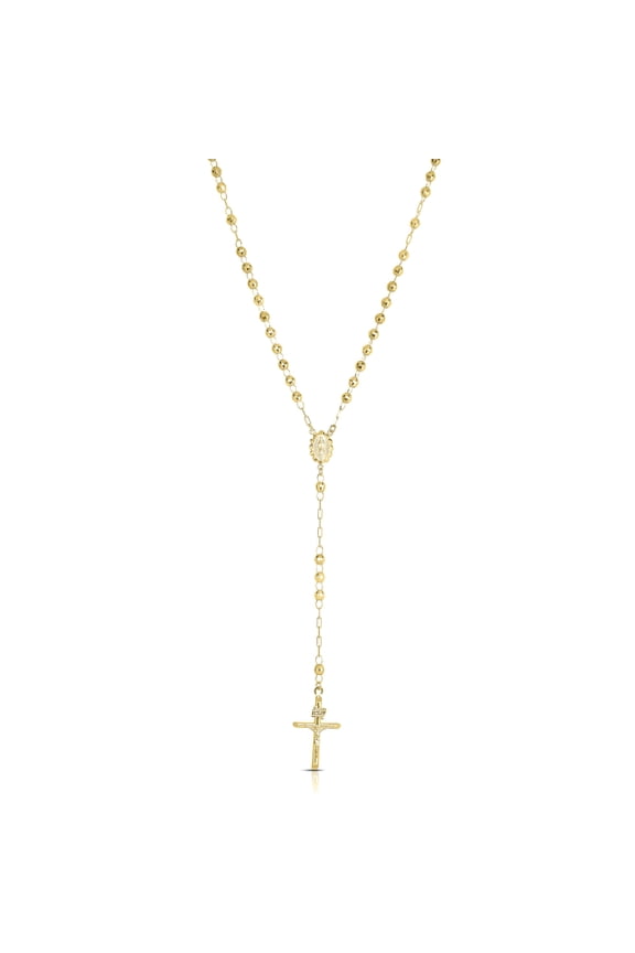 10k Yellow Gold or Tri-Gold 3mm Rosary with Virgin Mary Medal and Crucifix of Jesus Cross Pendant Chain Necklace