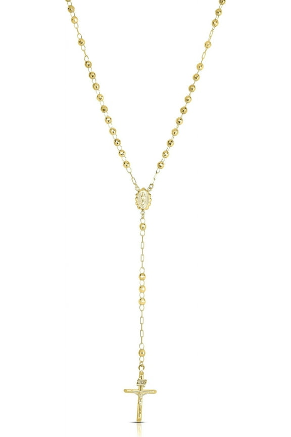 10k Yellow Gold or Tri Color 4mm Rosary with Virgin Mary Medal and Crucifix of Jesus Cross Pendant Chain Necklace