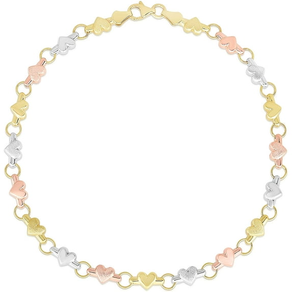 Floreo 10k Yellow Gold or Tri Color Gold Link and Heart Charm Bracelet or Anklet