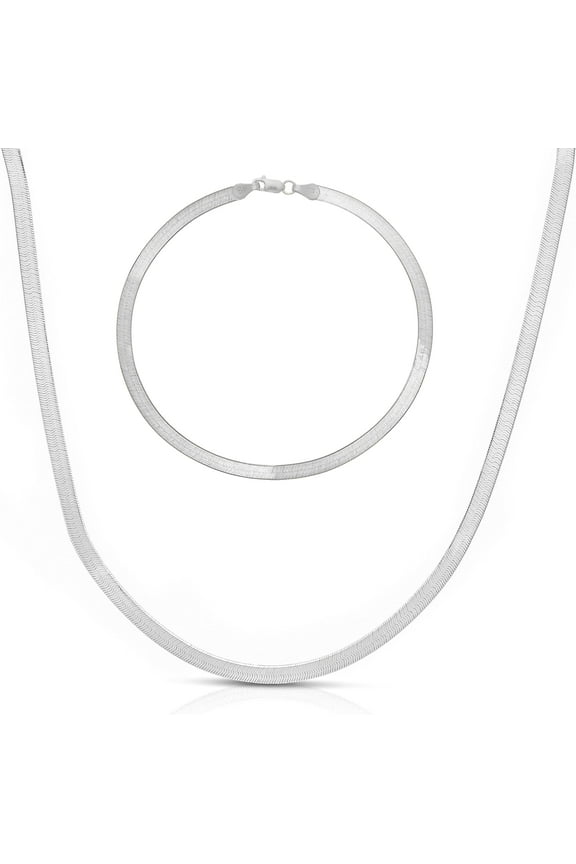 14k White Gold 3mm Solid Herringbone Chain Necklace and Bracelet Set