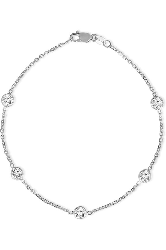 14k White Gold 4mm Round Created Cubic Zirconia (CZ) Birthstone Cable Bracelet or Anklet