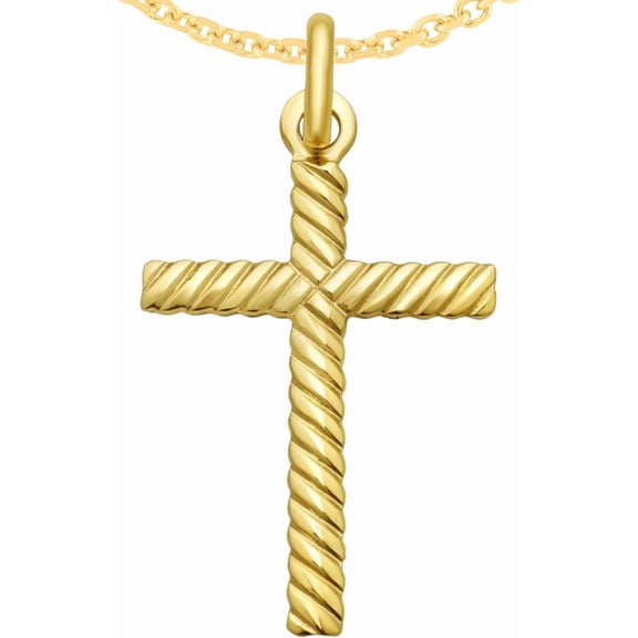 Floreo 14k Yellow Gold 1.2" Ribbed Twist Cross Charm Pendant with optional Adjustable Chain Necklace
