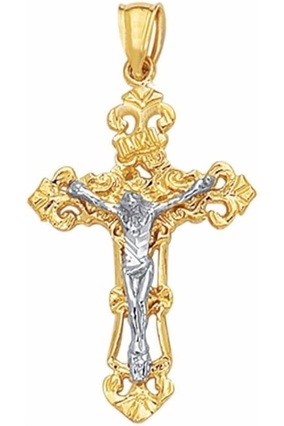 14k Yellow Gold 1.3" Filigree Openwork INRI Jesus Crucifix Two-Tone Cross Charm Pendant with optional Adjustable Chain Necklace
