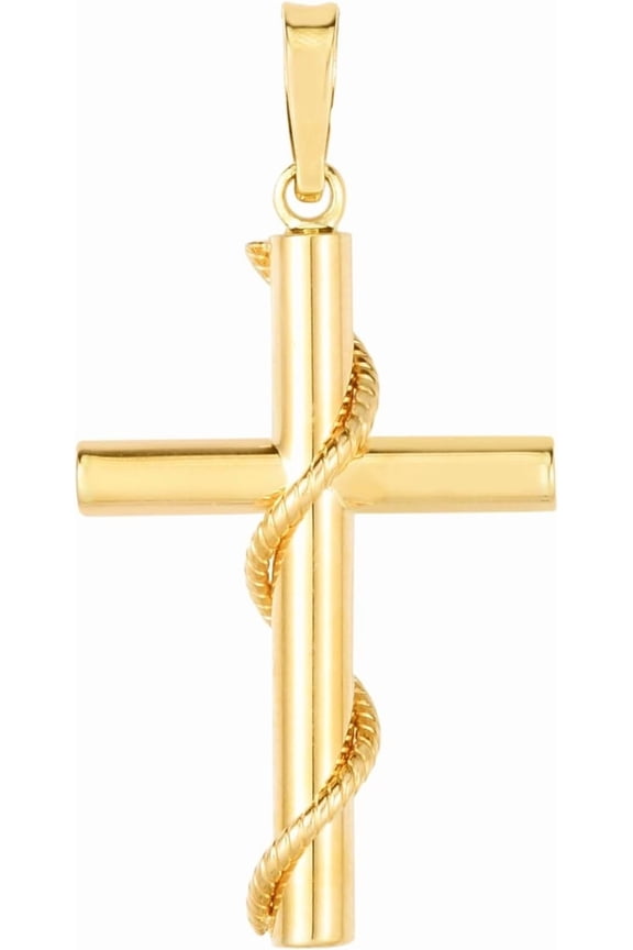 14k Yellow Gold 1.4" Rope Wrapped Cylinder Tube Cross Charm Pendant with optional Adjustable Chain Necklace