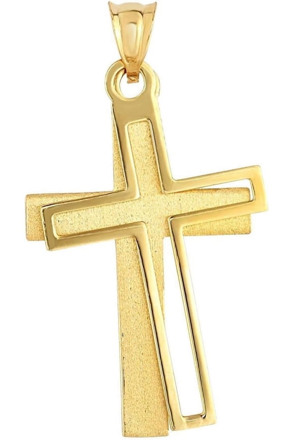 14k Yellow Gold 1.6" Double Layer Tilted Cross Charm Pendant with optional Adjustable Chain Necklace