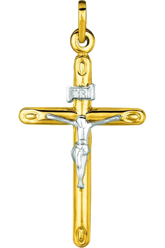 14k Yellow Gold 1.7" or 1.2" Classic Cylinder Tube INRI Jesus Crucifix Two-Tone Cross Charm Pendant with optional Adjustable Chain Necklace