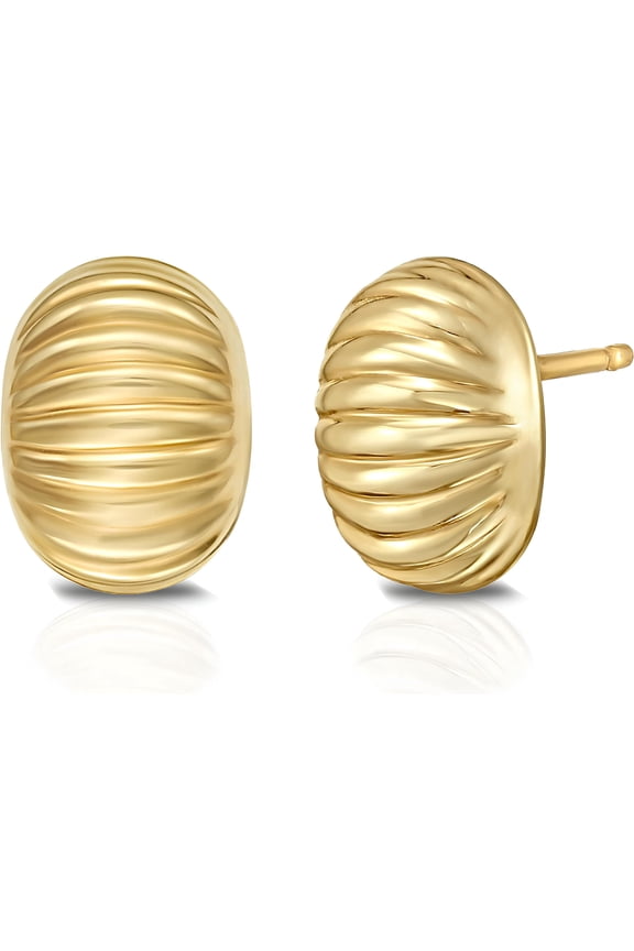 Italian 14k Yellow Gold 10mm Puffy Ridged Oval Button Stud Earrings