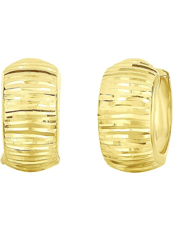 14k Yellow Gold 16mm Reversible Polished & Linear Diamond Cut Huggie Earrings