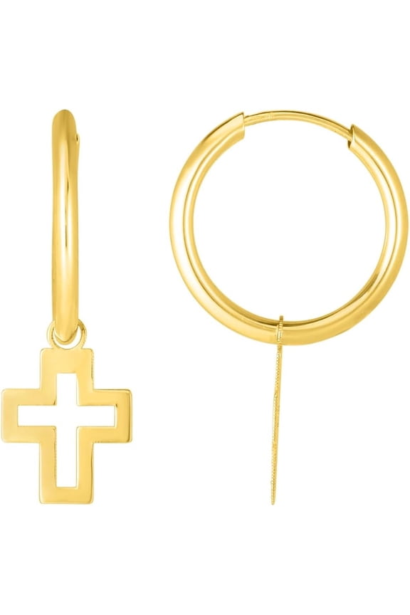 14k Yellow Gold 25.4mm Polished Cross Dangle Light Weight Hoop Earrings