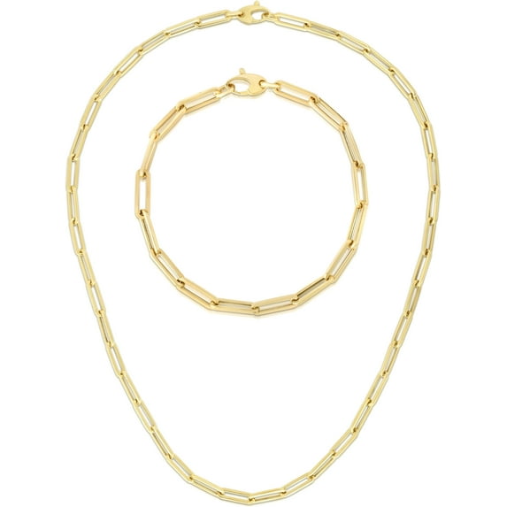 Floreo 14k Yellow Gold 4.2mm Hollow Paperclip Link Chain Necklace and Bracelet Set - 16 Inch Necklace