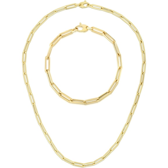 Floreo 14k Yellow Gold 4.2mm Hollow Paperclip Link Chain Necklace and Bracelet Set - 18 Inch Necklace