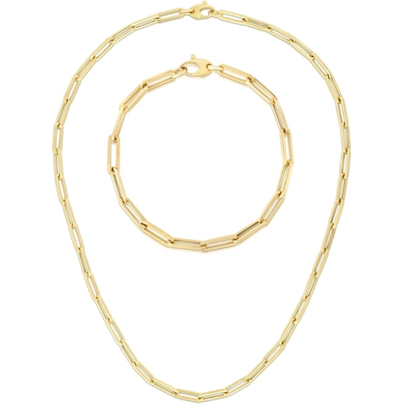 Floreo 14k Yellow Gold 4.2mm Hollow Paperclip Link Chain Necklace and Bracelet Set - 24 Inch Necklace