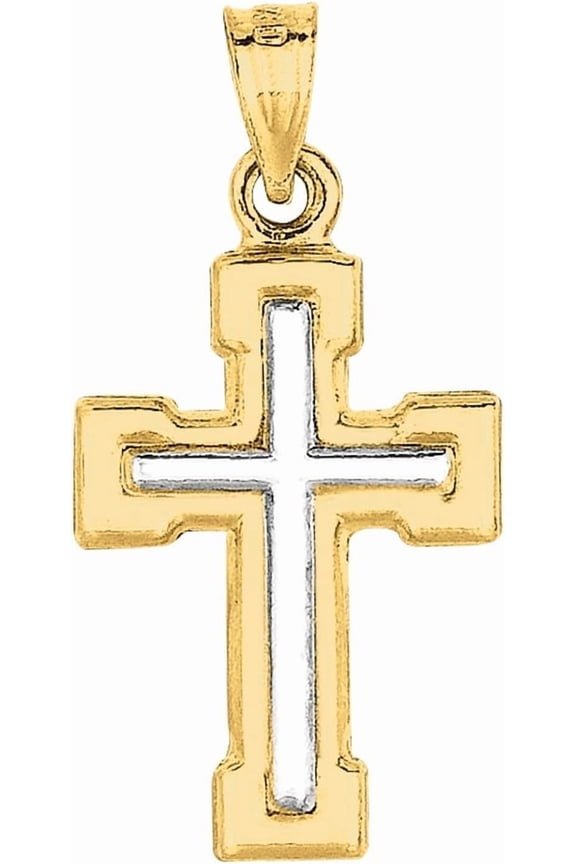 14k Yellow Gold 0.8" Block-Ended Two-Tone Cross Charm Pendant with optional Adjustable Chain Necklace
