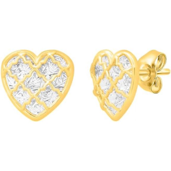 Floreo 14k Yellow Gold 8mm White Pave Checkered Heart Stud Earrings