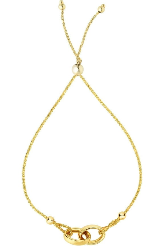 14k Yellow Gold Interlocked Rings Adjustable Friendship Bolo Bracelet, Extendable 9.25 Inch