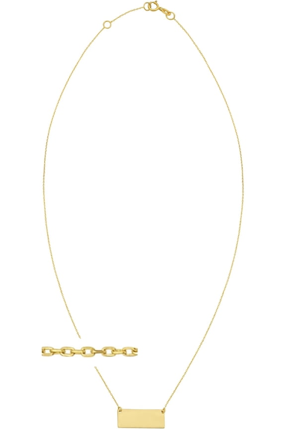14k Yellow Gold Mirror Rectangle Bar Custom Engraveable Charm Pendant Adjustable Chain Necklace, 16 Inch-18" (8 characters max)