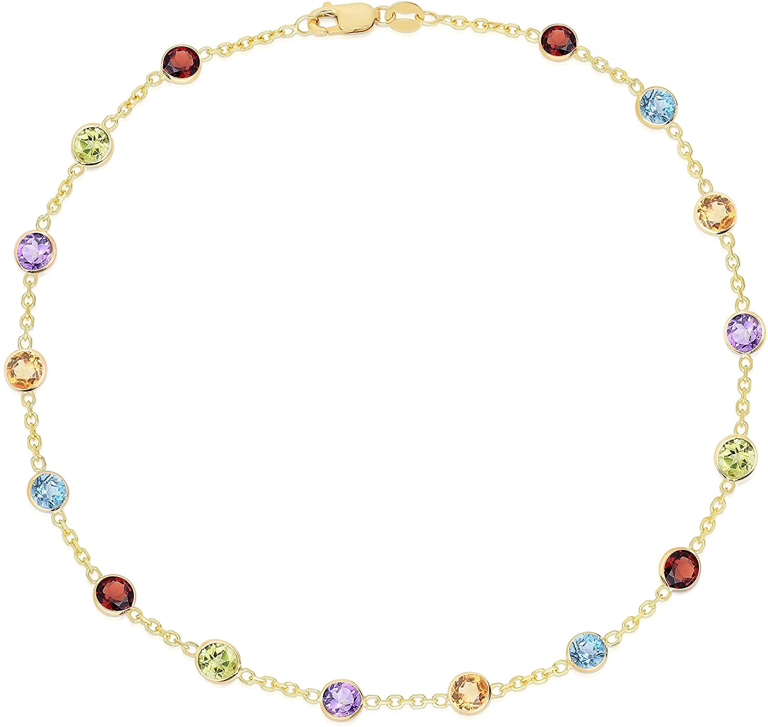 Floreo 14k Yellow Gold Multi Color Gemstone Anklet, 10” (Garnet, Peridot, Amethyst, Citrine, Blue Topaz)