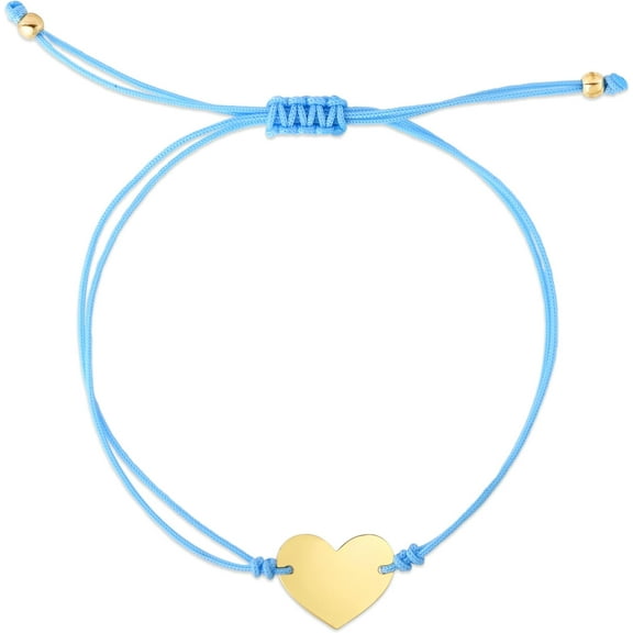Floreo 14k Yellow Gold Personalized Custom Engraved Initial Heart Charm Tag Adjustable Blue Cord Friendship Bolo Bracelet, Extendable 9.25 Inch