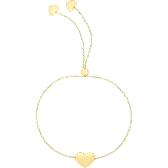 Floreo 14k Yellow Gold Personalized Custom Engraved Initial Heart Charm Tag Adjustable Cable Link Friendship Bolo Bracelet, Extendable 9.25 Inch