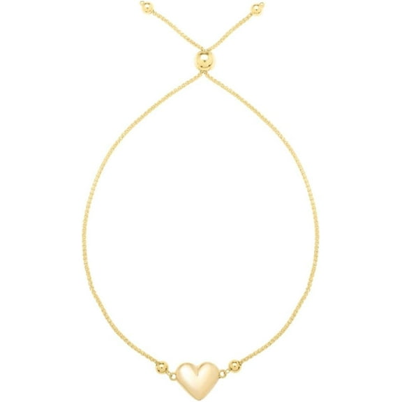 Floreo 14k Yellow Gold Puff Heart Charm Adjustable Wheat Link Friendship Bolo Bracelet, Extendable 9 Inch