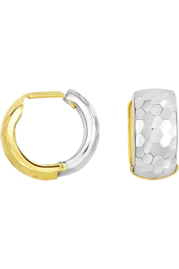 14k Yellow Gold and White Gold 16mm Reversible Hammered Huggie Earrings