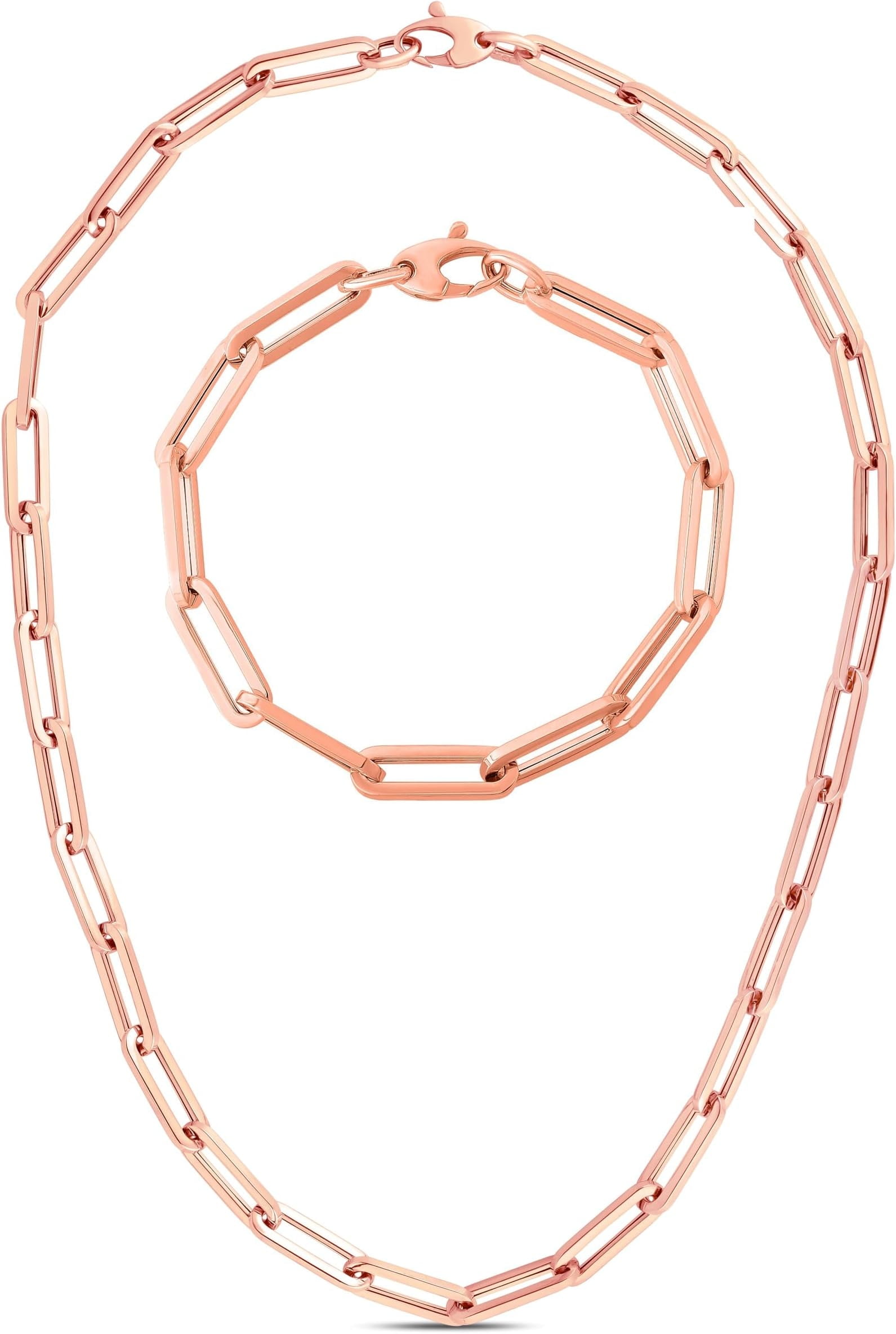 Floreo 14k Yellow Gold or White Gold or Rose Gold 6mm Hollow Paperclip Link Chain Necklace and Bracelet Set