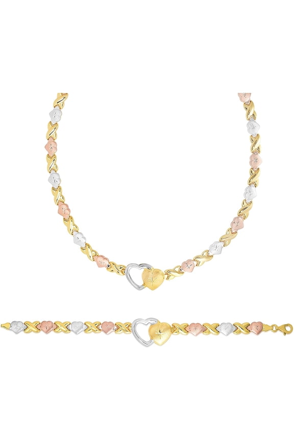 925 Sterling Silver Stampato XOXO Hugs and Kisses with Open Heart Pendant Bracelet and Necklace Set