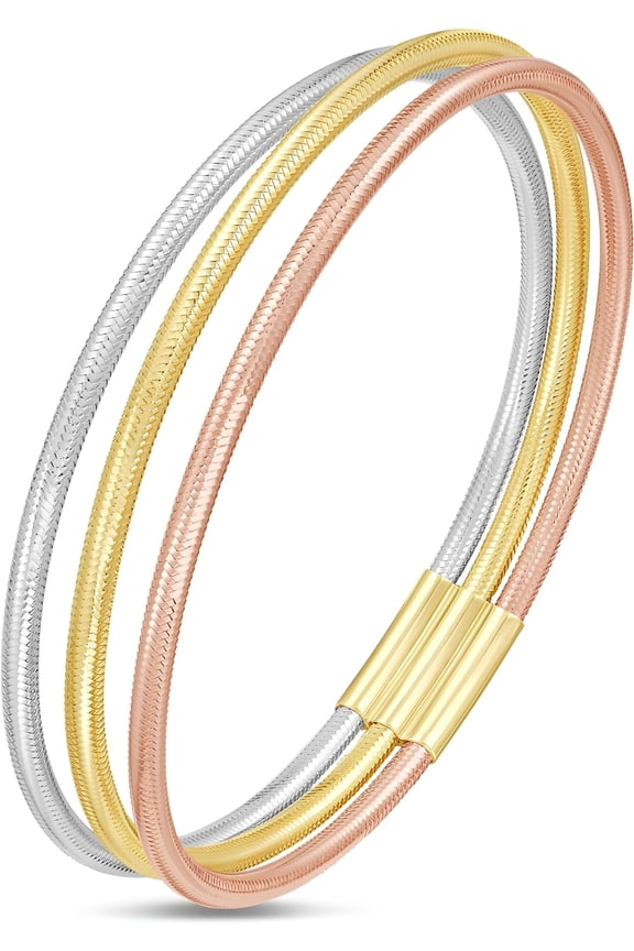Italian 14k Tri-Color 8.7mm Triple Row Stretch Mesh Slip-On Bracelet