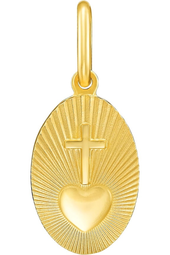 Italian 14k Yellow Gold 15mm Radiant Sacred Heart Cross Medallion Religious Charm Pendant with Optional Necklace, 16-17-18 Inch