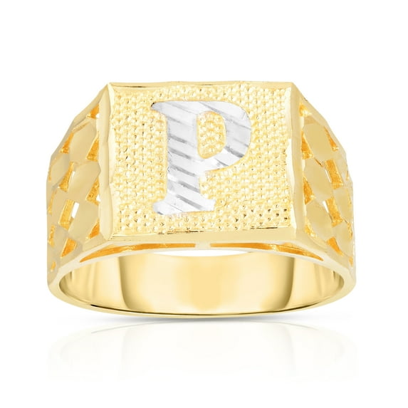 Floreo Men’s 10k Yellow Gold Alphabet Two-Tone Square A-Z Initial Ring, Sizes 5 - 11