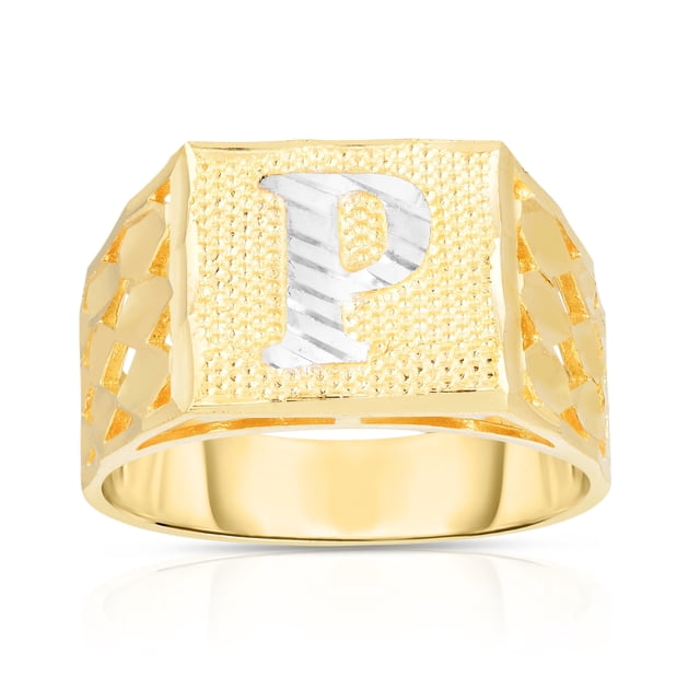 Floreo Men’s 10k Yellow Gold Alphabet Two-Tone Square A-Z Initial Ring ...