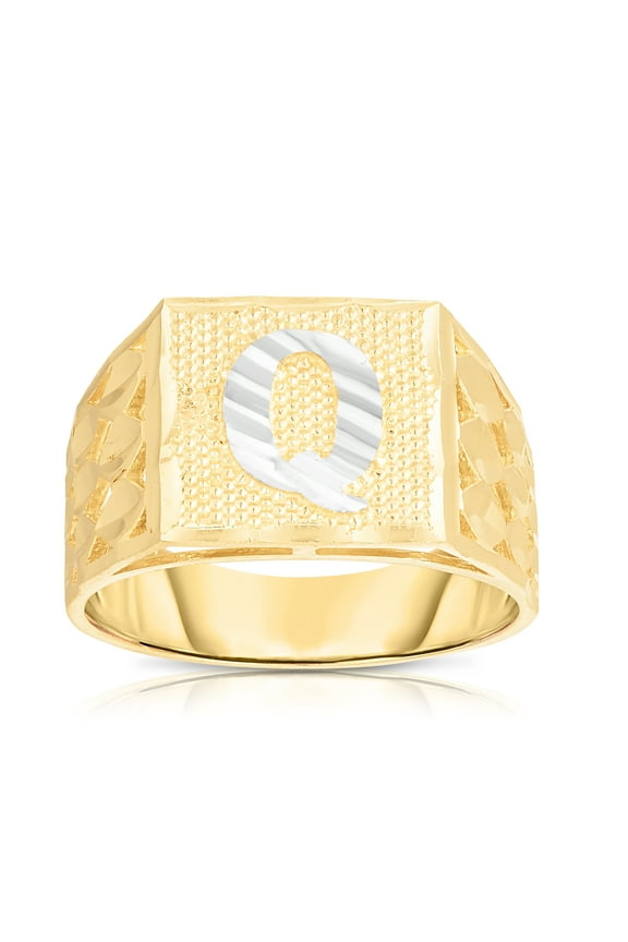 Men’s 10k Yellow Gold Alphabet Two-Tone Square A-Z Initial Ring, Sizes 5 - 11