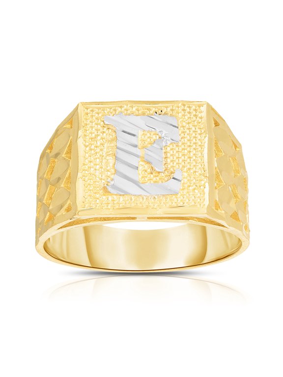 Men’s 10k Yellow Gold Alphabet Two-Tone Square A-Z Initial Ring, Sizes 5 - 11