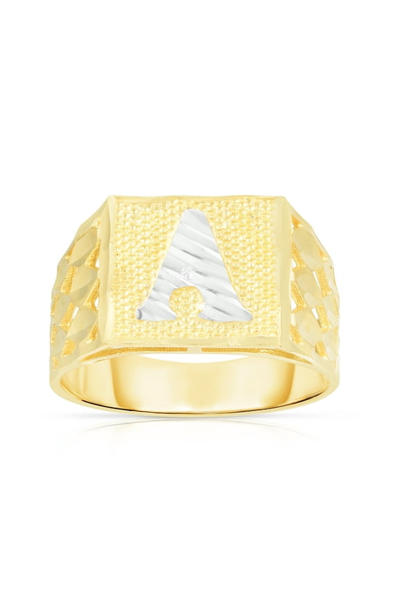 Men’s 10k Yellow Gold Alphabet Two-Tone Square A-Z Initial Ring, Sizes 5 - 11