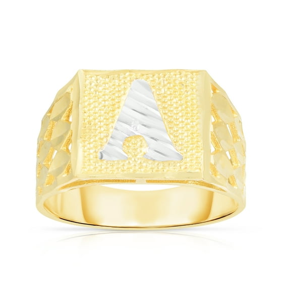 Floreo Men’s 10k Yellow Gold Alphabet Two-Tone Square A-Z Initial Ring, Sizes 5 - 11