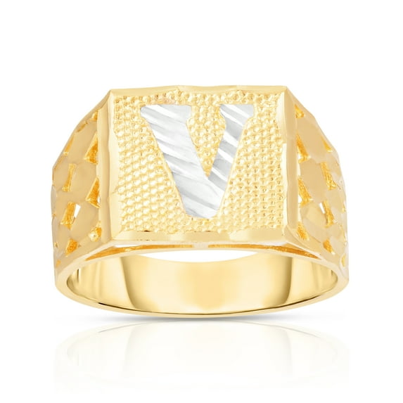 Floreo Men’s 10k Yellow Gold Alphabet Two-Tone Square A-Z Initial Ring, Sizes 5 - 11