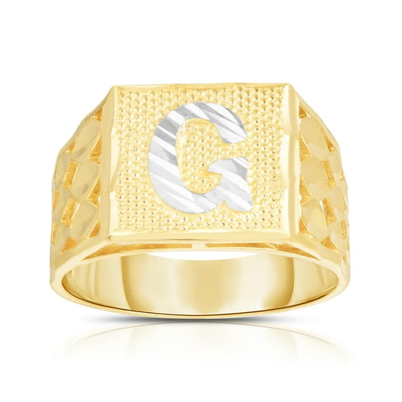 Floreo Men’s 10k Yellow Gold Alphabet Two-Tone Square A-Z Initial Ring, Sizes 5 - 11
