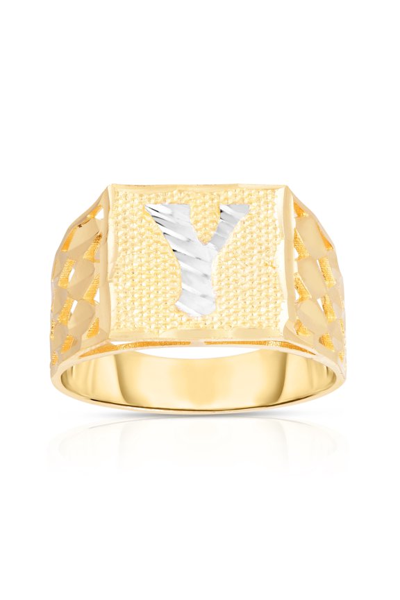 Men’s 10k Yellow Gold Alphabet Two-Tone Square A-Z Initial Ring, Sizes 5 - 11