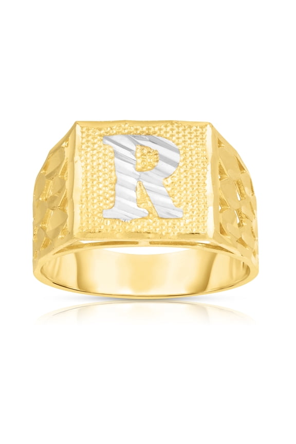 Men’s 10k Yellow Gold Alphabet Two-Tone Square A-Z Initial Ring, Sizes 5 - 11